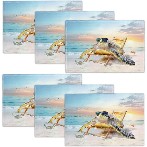 Sea Turtle Placemats Set of 6, 12x18 Inch Beach Coastal Table Place Mat Rustic Funny Turtle Washable Non-Slip Heat Resistant Fabric Placement Mats for Dining Kitchen Indoor Outdoor Decor