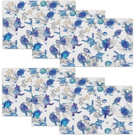 Sea Turtle Placemats Set of 6 Ocean Turtle Table Mats Washable Nautical Coastal Place Mats for Home Party Indoor Kitchen Dining Table Decoration 12x18 Inch