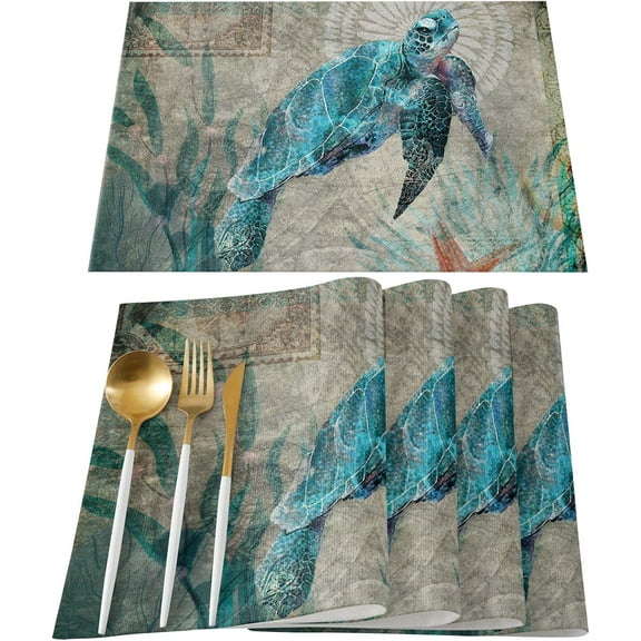 Sea Turtle Placemats Set of 6 Washable Retro Ocean Sea Turtle Theme Heat Resistant Non-Slip Funny Aniaml Place Mats Kitchen Dining Table Decor for Durable Linen Table Mats - Retro Blue (13"x 19")