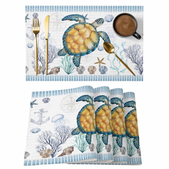 Sea Turtle Placemats Set&nbsp;of 1 Ocean Watercolor Blue Seastars Seaweed Corals Anchor Heat Insulation Washable Place Mats, Non-Slip Table Mats for Dining Table Party Kitchen Decor,13x19 Inch