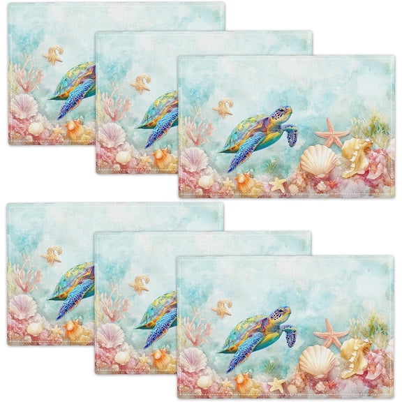 Sea Turtle Placemats Set of 6 Ocean Starfish Shell Table Mats Nautical Turtle Place Mats 12x18 Inch for Party Kitchen Dining Restaurant Decoration