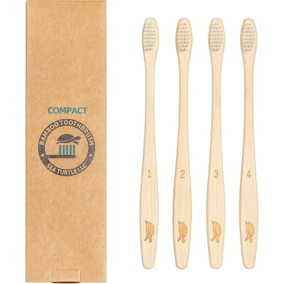 Sea Turtle Plant Based Bristle Compact Bamboo Toothbrush for Adults (4 Pack)