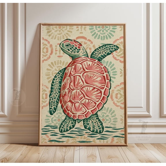 Sea Turtle Poster, Coastal Folk Art Wall Print, Paper Decor, Poster Only