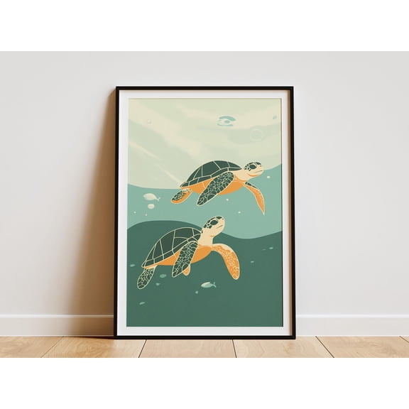 Sea Turtle Poster Ocean Animal Art Print Coastal Wall Decor Beach House Decor Modern Turtle Illustration Calm Ocean Scene Green