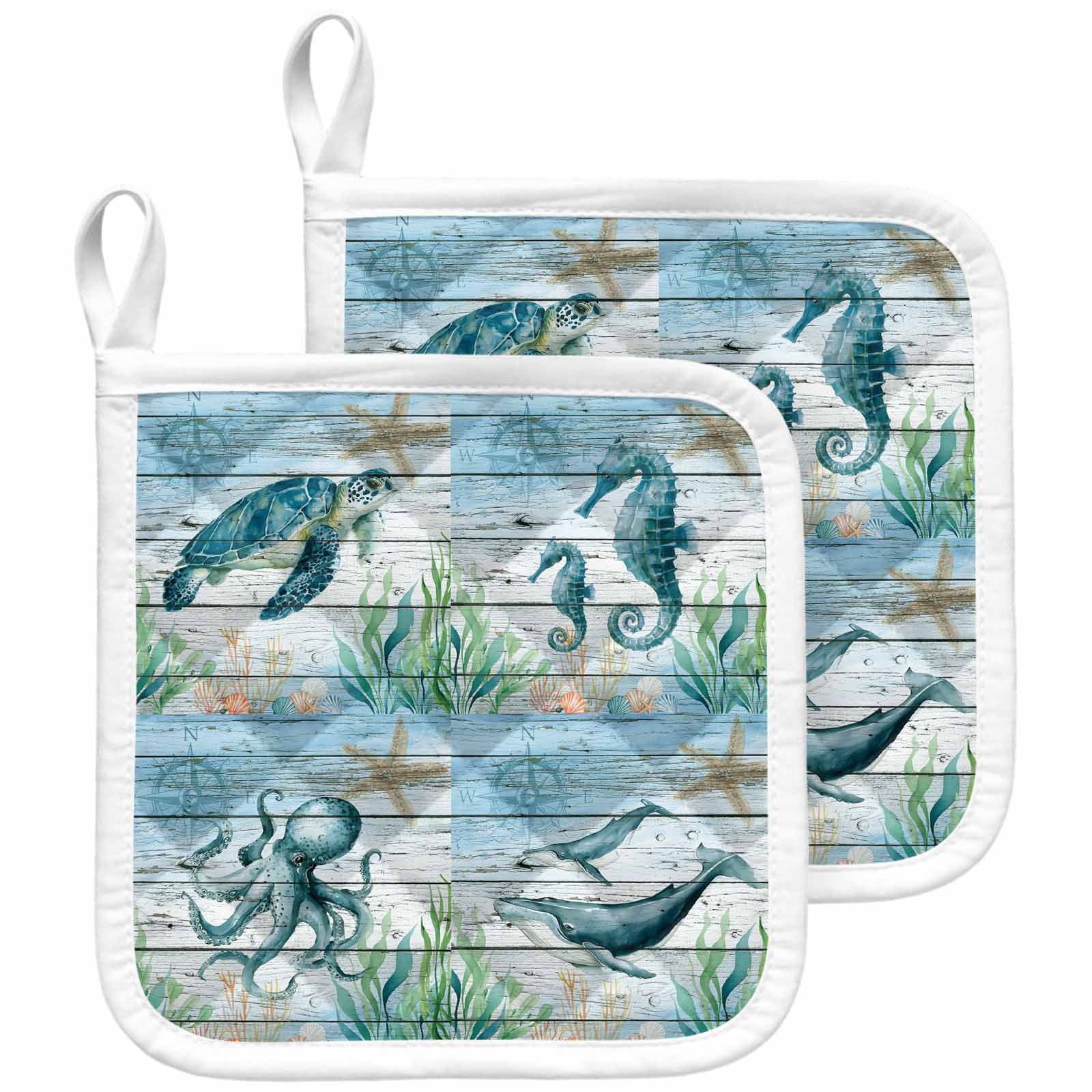Sea Turtle Pot Holders for Kitchen Heatproof Potholder, 2 Pack Coastal Seahorse Whale Octopus Ocean Seagrass Hot Pads Multipurpose Oven Pads Cloth Potholders Trivet for Cooking and Baking