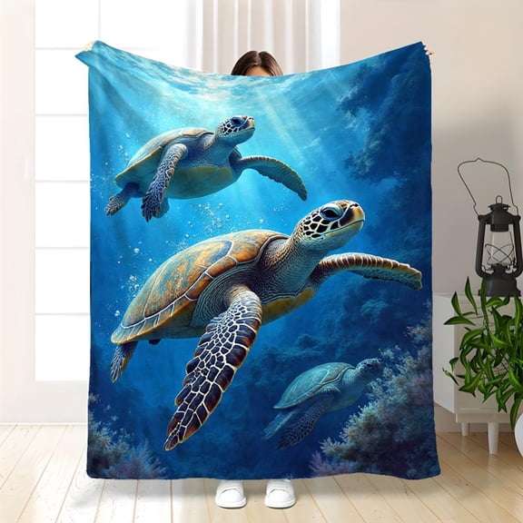 Sea Turtle Printed Throw Blanket - Plush Flannel All-Season Soft Blanket with Green/Blue Ocean Theme & Turtle Design, Marine Life Gifts