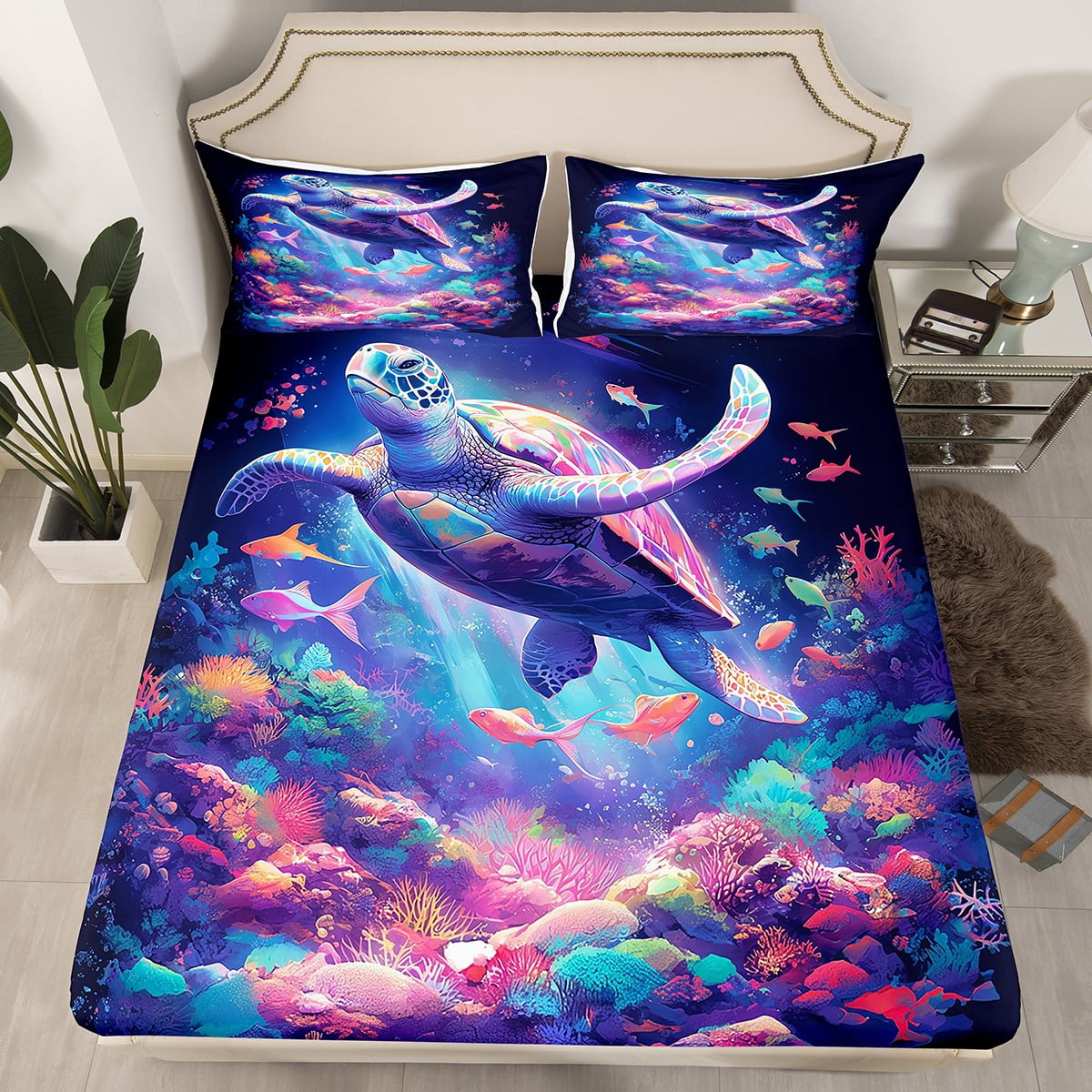 sea-turtle-queen-fitted-sheet-sea-animal-ocean-life-bedding-set