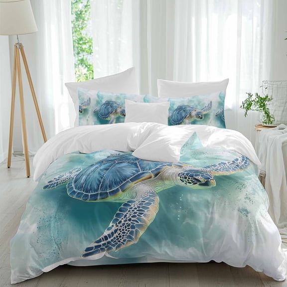 Sea Turtle Queen Size Comforter Set, Blue Turtle Ocean Animal Abstract Modern Art Bedding for All Seasons, 4 Pcs Bed Set, 1Quiltcover (90"x92") ,1Sheet(94"x116"), 2Pillowcases (30"x20")