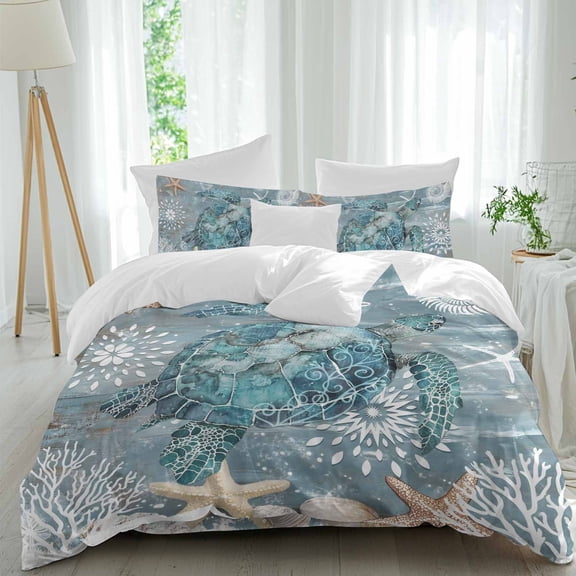 Sea Turtle Queen Size Comforter Set, Coral Starfish Coral Vintage Bedding for All Seasons, 4 Pcs Bed Set, 1Quiltcover (90"x92") ,1Sheet(94"x116"), 2Pillowcases (30"x20")