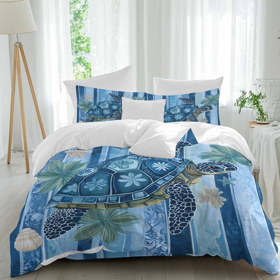 Sea Turtle Queen Size Comforter Set, Floral Leaf Retro Blue Stripes Bedding for All Seasons, 4 Pcs Bed Set, 1Quiltcover (90"x92") ,1Sheet(94"x116"), 2Pillowcases (30"x20")