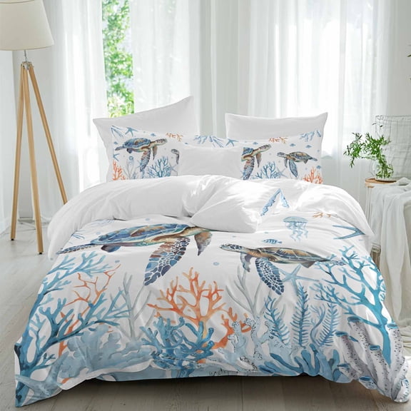 Sea Turtle Queen Size Comforter Set, Seagrass Coral Starfish Jellyfish Blue Ocean Bedding for All Seasons, 4 Pcs Bed Set, 1Quiltcover (90"x92") ,1Sheet(94"x116"), 2Pillowcases (30"x20")