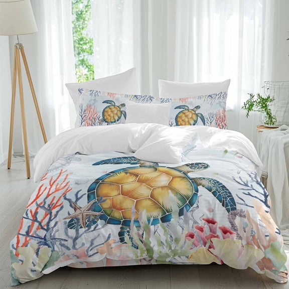 Sea Turtle Queen Size Comforter Set, Vintage Ocean Animals Colorful Corals Seaweed Blue Bedding for All Seasons, 4 Pcs Bed Set, 1Quiltcover (90"x92") ,1Sheet(94"x116"), 2Pillowcases (30"x20")