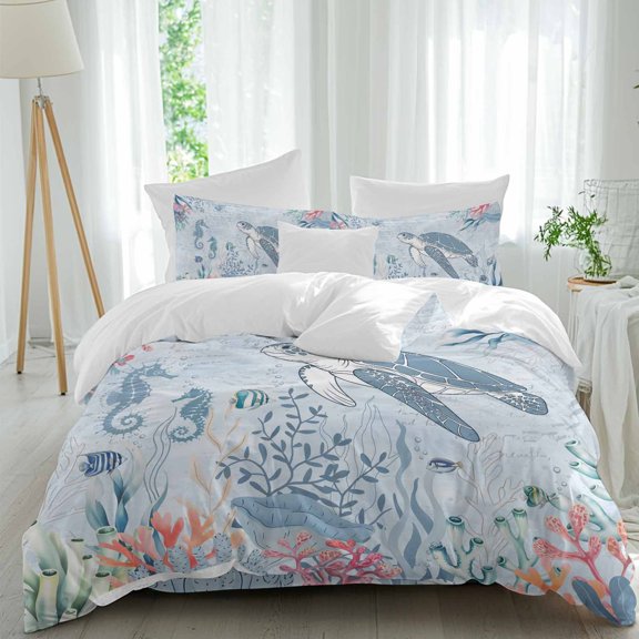 Sea Turtle Queen Size Comforter Set, Watercolor Fish Coral Seahorse Blue Letter Texture Bedding for All Seasons, 4 Pcs Bed Set, 1Quiltcover (90"x92") ,1Sheet(94"x116"), 2Pillowcases (30"x20")