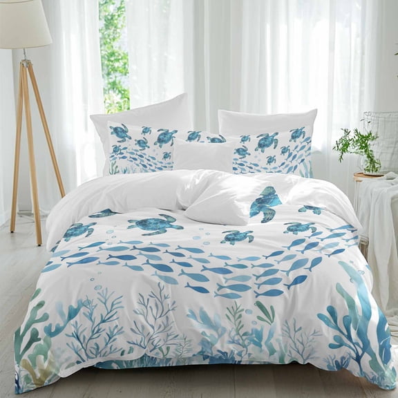 Sea Turtle Queen Size Comforter Set, Watercolor Ocean Blue Turtle Fish Seaweed Bedding for All Seasons, 4 Pcs Bed Set, 1Quiltcover (90"x92") ,1Sheet(94"x116"), 2Pillowcases (30"x20")