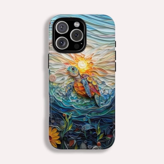 Sea Turtle Quilling Paper Art Style Blue Ocean Animal Cute A008 Protective Case for iPhone 17 16 15 14 13 12 11 Pro Max