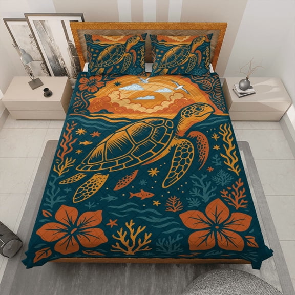 Sea Turtle Quilt Bedding Set - Tropical Ocean-Inspired Quilt Bed Set with Vibrant Coral and Floral