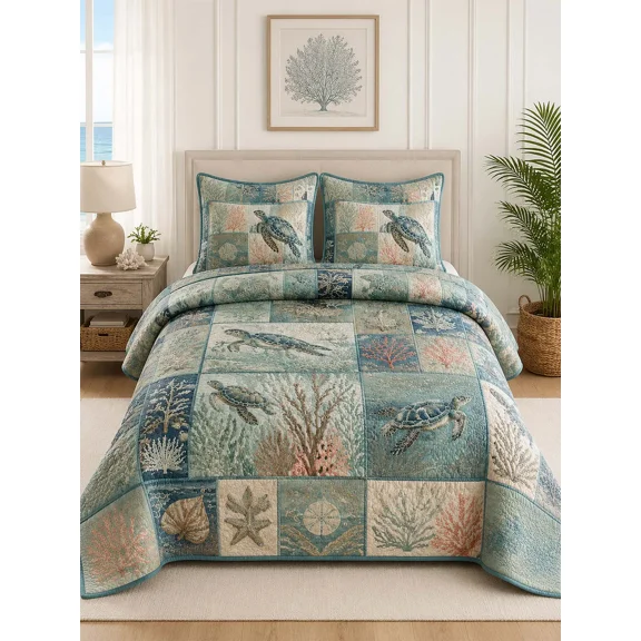 Sea Turtle Quilted 3-Piece Bedding Set – Classic Americana Quilted Bedding With Matching Pillow Shams