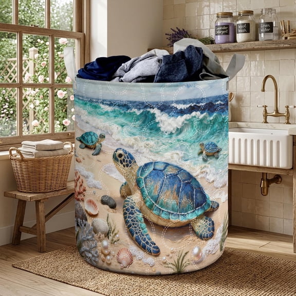 Sea Turtle Quilted Laundry Basket, Coastal Beach Hamper, Ocean Turtle Laundry Bin, Nautical Fabric Storage Basket