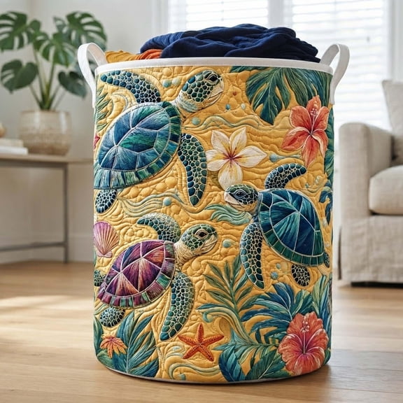 Sea Turtle Quilted Laundry Basket: Ocean Life Storage Bin, Large Foldable Hamper