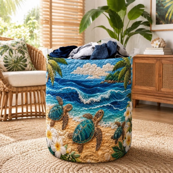 Sea Turtle Quilted Laundry Basket, Tropical Beach Turtle Hamper, Coastal Ocean Laundry Bin, Cottagecore Turtle Fabric Storage Basket