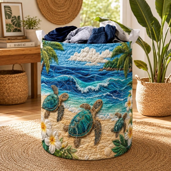 Sea Turtle Quilted Laundry Basket, Tropical Beach Turtle Hamper, Coastal Ocean Laundry Bin, Cottagecore Turtle Fabric Storage Basket