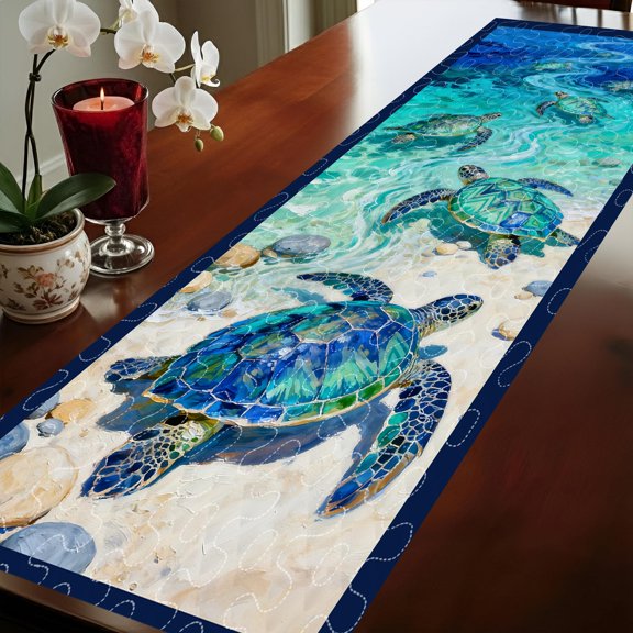 Sea Turtle Quilted Table Runner, Coastal Ocean Turtle Quilted Table Runner, Beach Nautical Patchwork Runner, Tropical Kitchen Table Decor