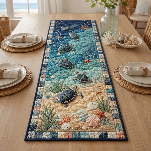 Sea Turtle Quilted Table Runner, Ocean Beach House Decor, Coastal Patchwork Topper