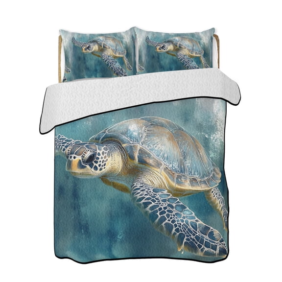 Sea Turtle Quilts Bedding Set King Size Ocean Animal Lightweight Quilted Bedspread 3 Piece Bed Quilt with 2 Pillow Shams All Season for Bedroom 90" x 96"