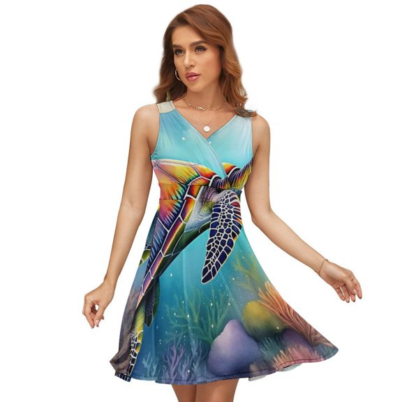 Sea Turtle Realistic Women's Tank Dress V Neck Sleeveless Summer Sundress