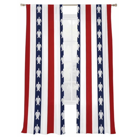 Sea Turtle Red Stripes Sheer Curtains 84 Inch Long 2 Panels, Black White Red Stripe Decor Light Filtering Rod Pocket Curtains, Sheer Voile Drapes for Living Room Bedroom, 52"x84"