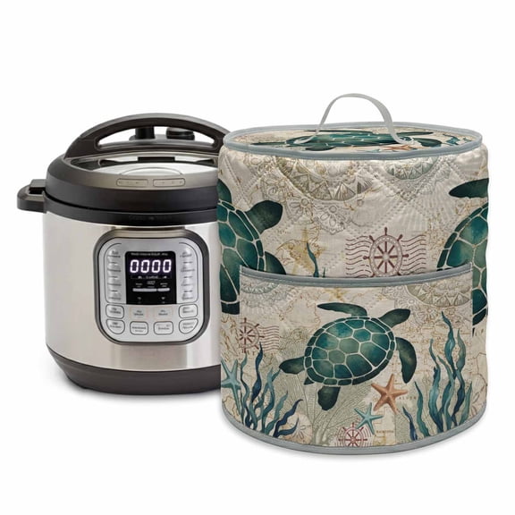 Sea Turtle Rice Cooker Cover 6 Quart Boho Summer Green Seaweed Starfish Rustic Mandalas Pattern Pressure Cooker Cover Appliance Protector Dust Case with Pocket and Handle for Kitchen
