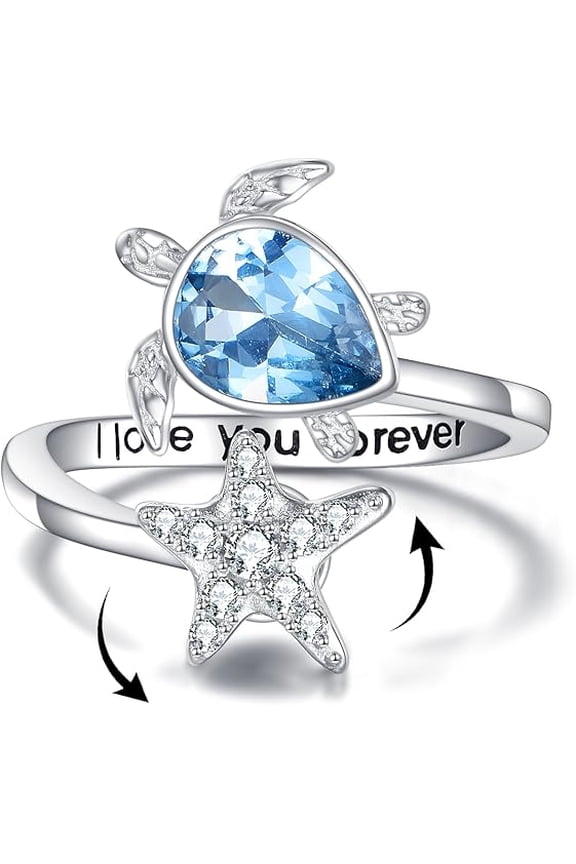 Sea Turtle Ring for Women 925 Sterling Silver Rotating starfish Rings I Love You Forever Cute Ocean Tortoise Ring Jewelry Mother Day Christmas Gifts(7)