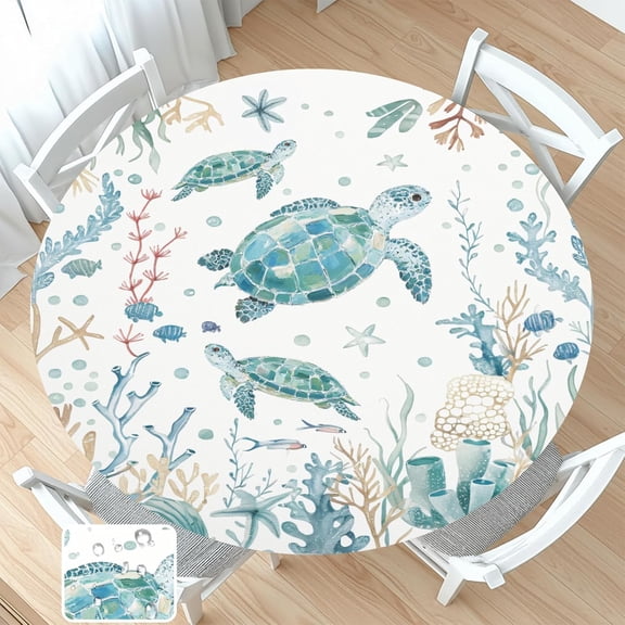 Sea Turtle Round Fitted Tablecloth with Elastic Edge Summer Nautical Coastal Blue Tortoise Circle Table Cloth for 40-44" Tables Ocean Sea Beach Wipeable Washable Table Cover for Outdoor Patio Dining