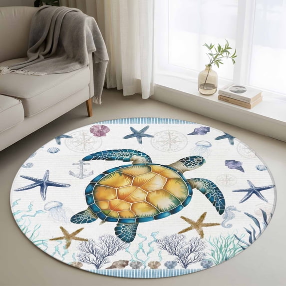 Sea Turtle Round Living Room Rugs 4 ft, Ocean Watercolor Blue Seastars Seaweed Corals Anchor Washable Area Rug with Non-Slip Sturdy Edge Binding Round Carpet for Entryway Kitchen Bedroom Bathroom
