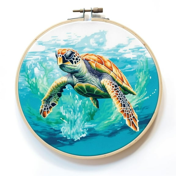 Sea Turtle Round Shape Stamped Cross Stitch Kits for Beginners Easy with Hoop 11CT Needlepoint Embroidery DIY Counted Cross Stitch Kits Art Craft Wall Decoration 35x35cm(2)