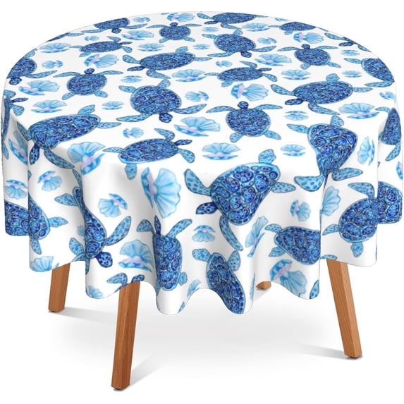 Sea Turtle Round Tablecloth 60 inch,Shell Pearls Watercolor Circle Table Cloth Polyester Waterproof Stain Wrinkle Free Table Cover for Home Kitchen Dining Party Pinic Patio Outdoor Decor