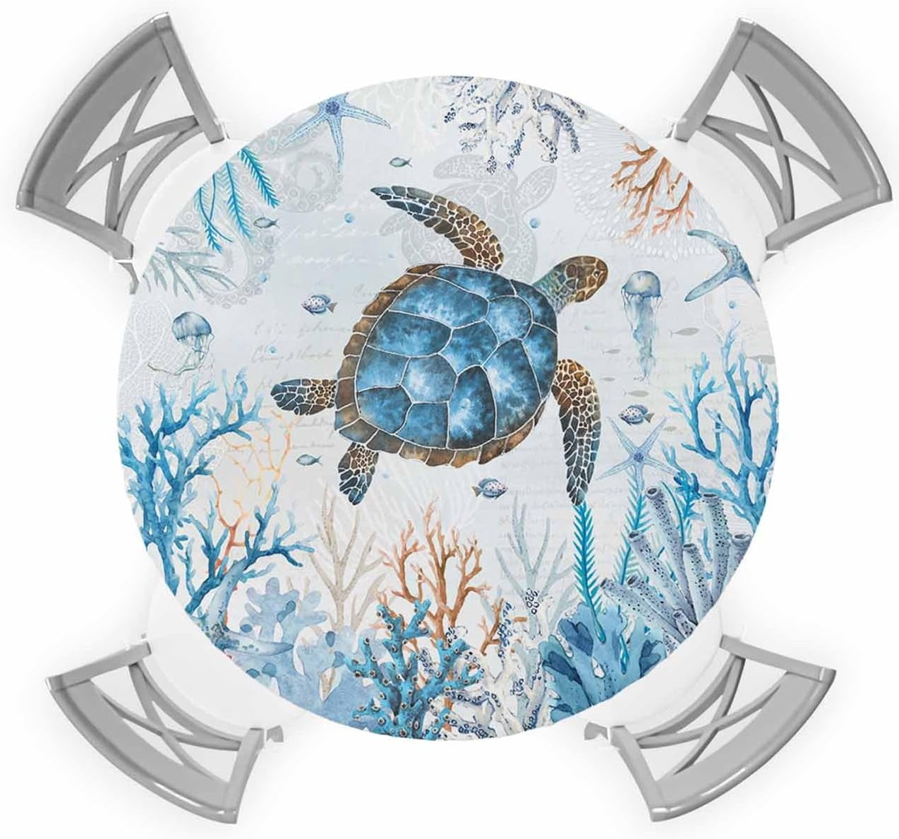 Sea Turtle Round Tablecloth Fitted Table Cover,Elastic Tablecloths Waterproof Outdoor Indoor Stretch Cloth Tablecover for Dinner,Party,Shower,Nautical Coastal Summer Beach Ocean Animals Blue 45-52IN