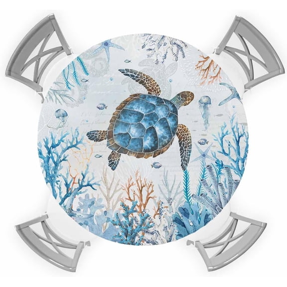 Sea Turtle Round Tablecloth Fitted Table Cover,Elastic Tablecloths Waterproof Outdoor Indoor Stretch Cloth Tablecover for Dinner,Party,Shower,Nautical Coastal Summer Beach Ocean Animals Blue 36-44IN