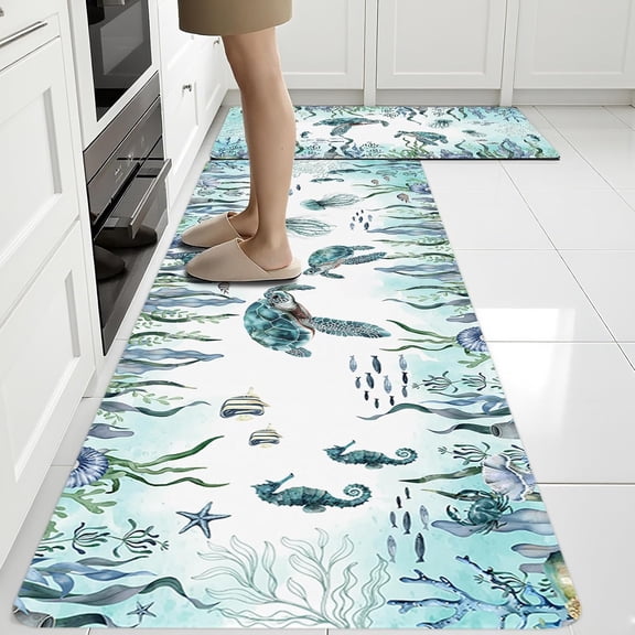 Sea Turtle Rugs for Kitchen Floor, Coastal Beach Anti Fatigue Mats for Kitchen Floor Non Slip, 2PCS Rubber Kitchen Mat, Washable Cushioned Carpet for Sink Laundry Christmas 17"×30" +17"×47"3.5mm