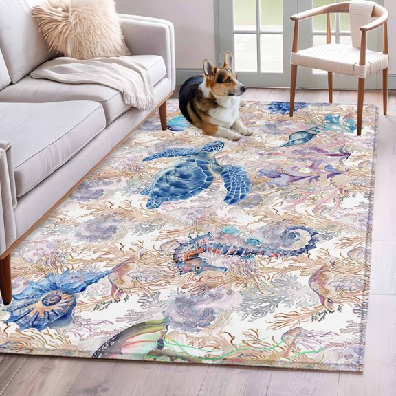Sea Turtle Runner Rug 2.7x5 FT, Non Slip Entryway Carpet, Summer Coastal Nautical Coral Seahorse Washable Soft Floor Carpet Entrance Mat Non-Shedding Throw Rug for Hallway Laundry Room Bedside