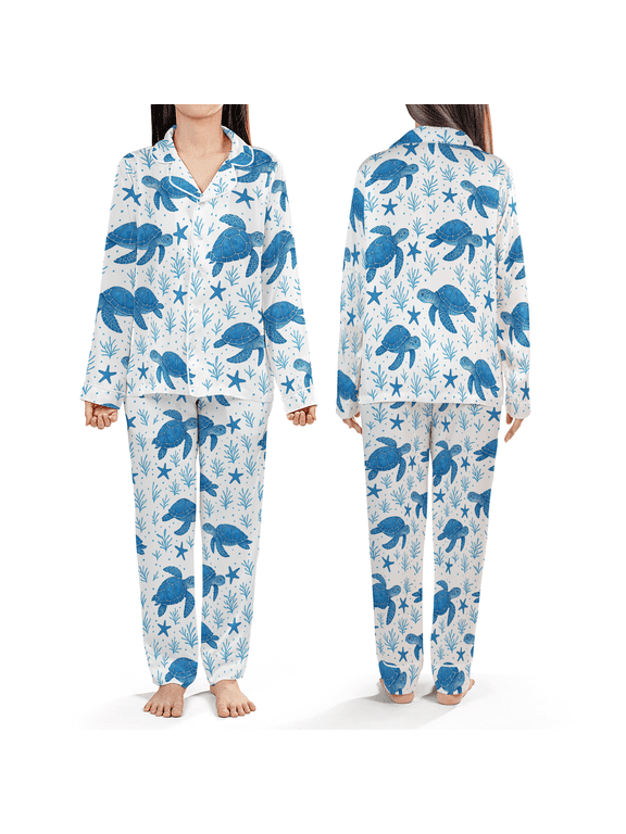 Sea Turtle Satin Pajama Set, Ocean Animal Print Sleepwear, Meaningful Beach Theme Gift for Christmas, Birthday & Valentine’s Day