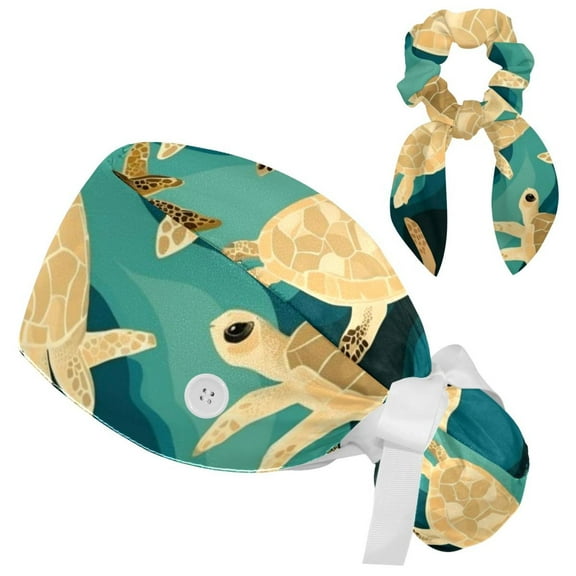 Sea Turtle Scrub Caps with Buttons Women Working Cap Adjustable Sweatband Bouffant Hats