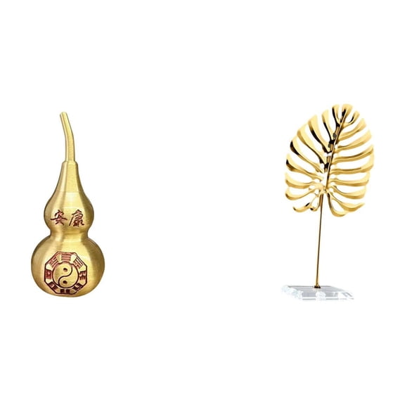 Sea Turtle Sculpture Brass Gourd Statue Metal Leaf Figurine with Stable Iron Base for Home Office Table Decor