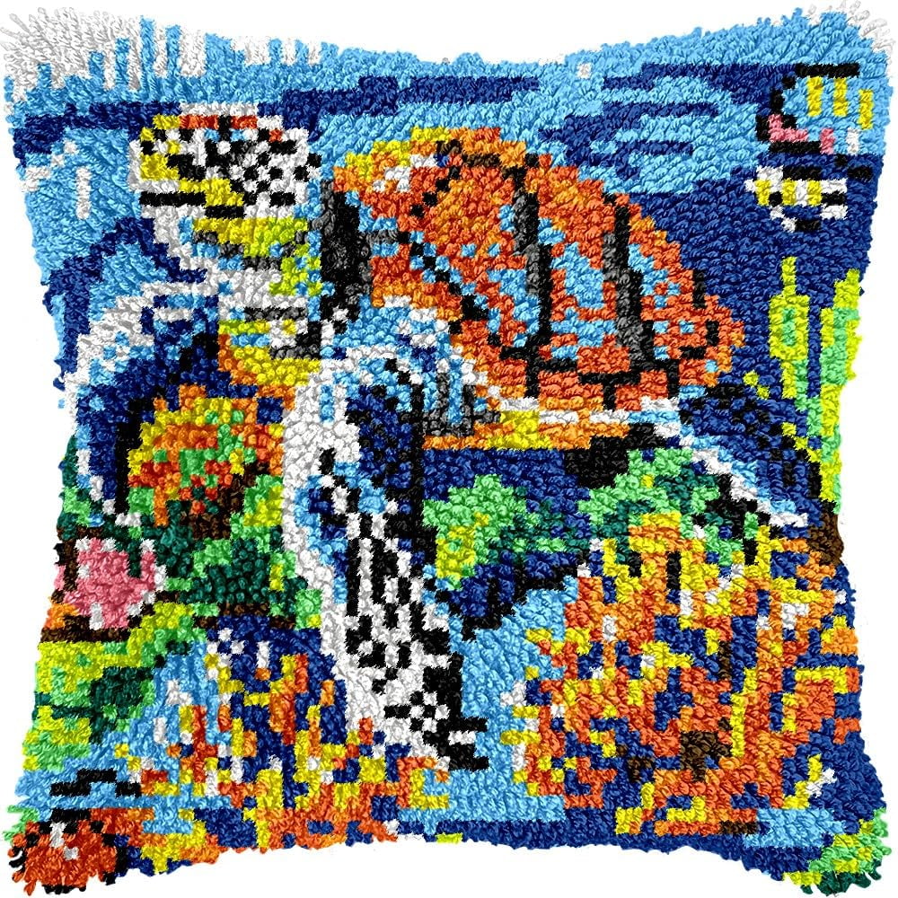 Sea Turtle & Sea Plants Latch Hook Pillow Kits for DIY Throw Pillow Cushion Embroidery Latch Hooking Pillowcase Kits with Preprinted Canvas Crochet Yarn Kits for Home Decor 17''X 17''(d127)