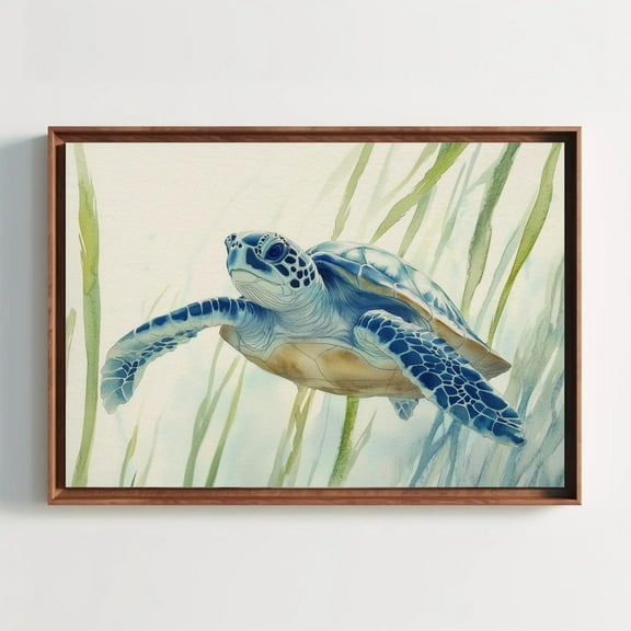 Sea Turtle In Seagrass Canvas Print, Ocean Wildlife Wall Art, Marine Life Painting, Coastal Decor For Beach House, Nautical Sea Turtle Art, Stretched Canvas Size 12x18