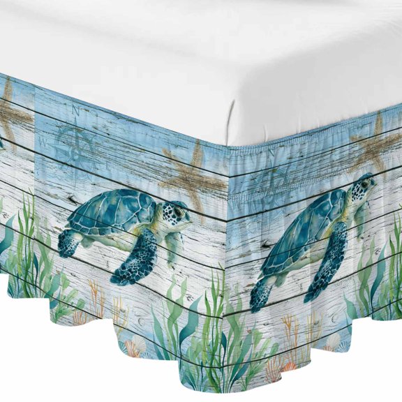 Sea Turtle Seagrass Starfish Bed Skirt 16 Inch Drop,Dust Ruffle Wrap Around Bed Skirts for Queen Size Bed, Nautical Compass Blue Gradient Adjustable Elastic Bedskirt Bed Frame Cover