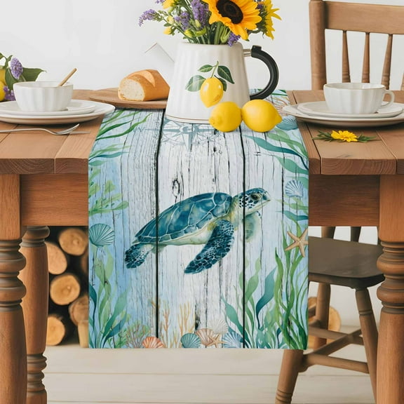 Sea Turtle Seagrass Starfish Table Runner Dresser Scarf,Kitchen Dining Table Decoration Nautical Compass Blue Gradient Linen Table Runners for Home Wedding Indoor Outdoor Party,13x70in
