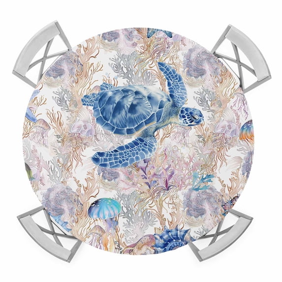 Sea Turtle Seahorse Elastic Fitted Round Table Cover Jellyfish Watercolor Waterproof Outdoor Tablecloth for Holiday Party, Picnic, Patio & Dining Fits Tables Up to 45"-54"