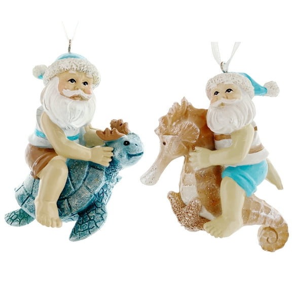 Sea Turtle Seahorse Ornaments - Beach Santa Riding Marine Animals Coastal Holiday Tree Decorations, Set of 2