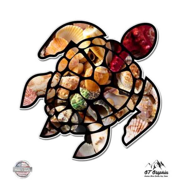 Sea Turtle Seashells - 3" Vinyl Sticker - For Car Laptop I-Pad Phone Helmet Hard Hat - Waterproof Decal